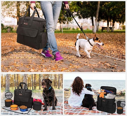 Dog Travel Bag with 2 Food Bags, 2 Bowls and 1 Mat (Black) | Roomy Main Compartment | Multiple Functional Pockets | Water-Resistant Oxford Fabric | PVC Backing | Leak-Resistant Lining