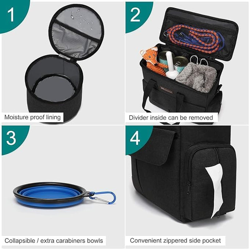 Dog Travel Bag with 2 Food Bags, 2 Bowls and 1 Mat (Black) | Roomy Main Compartment | Multiple Functional Pockets | Water-Resistant Oxford Fabric | PVC Backing | Leak-Resistant Lining