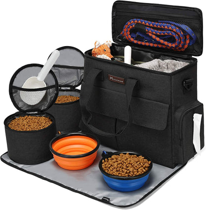 Dog Travel Bag with 2 Food Bags, 2 Bowls and 1 Mat (Black) | Roomy Main Compartment | Multiple Functional Pockets | Water-Resistant Oxford Fabric | PVC Backing | Leak-Resistant Lining