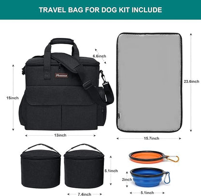 Dog Travel Bag with 2 Food Bags, 2 Bowls and 1 Mat (Black) | Roomy Main Compartment | Multiple Functional Pockets | Water-Resistant Oxford Fabric | PVC Backing | Leak-Resistant Lining