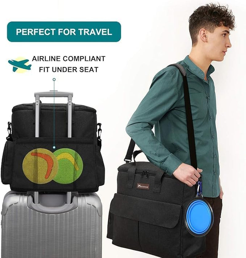 Dog Travel Bag with 2 Food Bags, 2 Bowls and 1 Mat (Black) | Roomy Main Compartment | Multiple Functional Pockets | Water-Resistant Oxford Fabric | PVC Backing | Leak-Resistant Lining